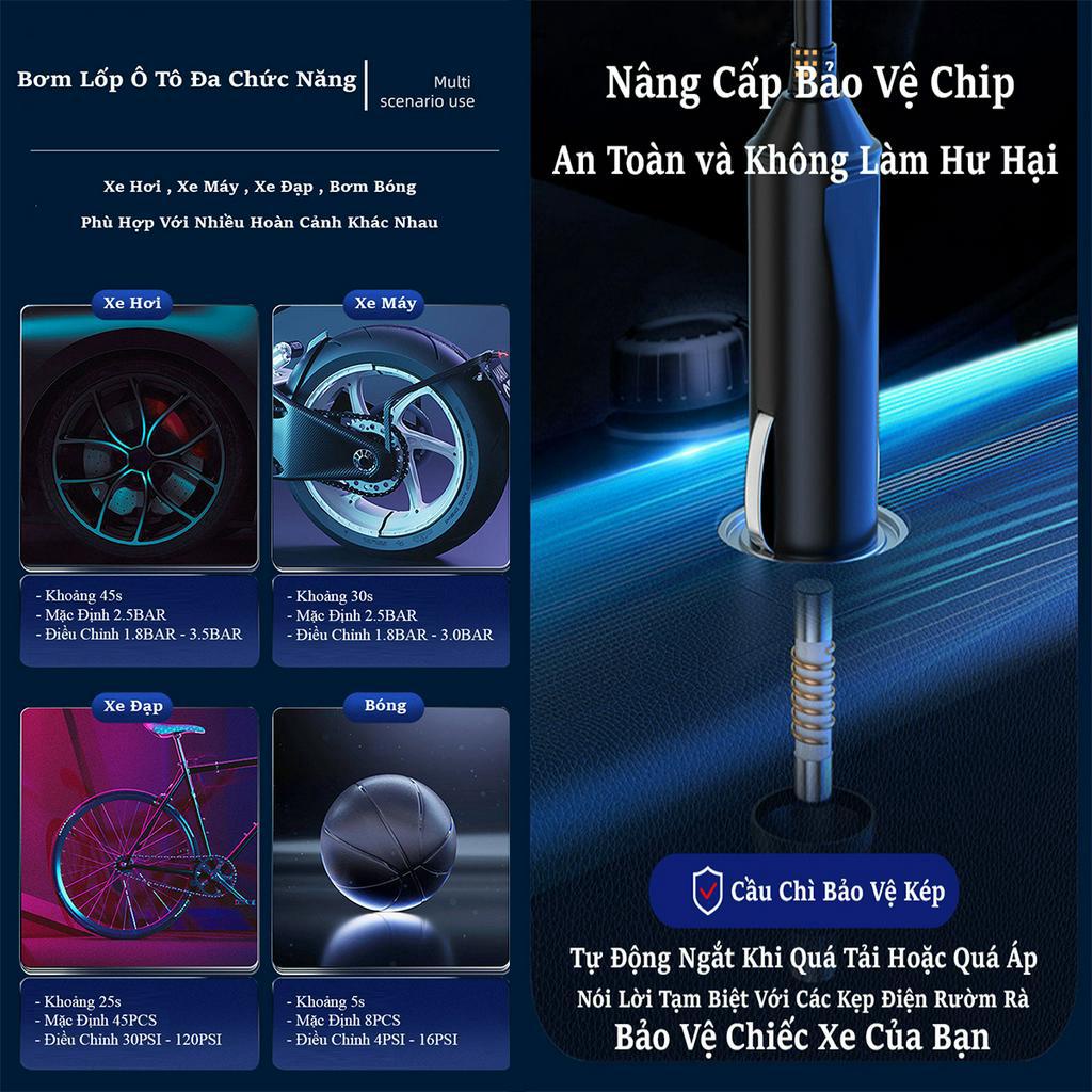 Bơm Lốp Ô Tô C250, Bơm Lốp 4in1 - Máy Hút Bụi - Chuyên Dụng - Đo Áp Suất Lốp - Đèn Pin, Bảo Hành 12 Tháng - Lỗi 1 Đổi 1