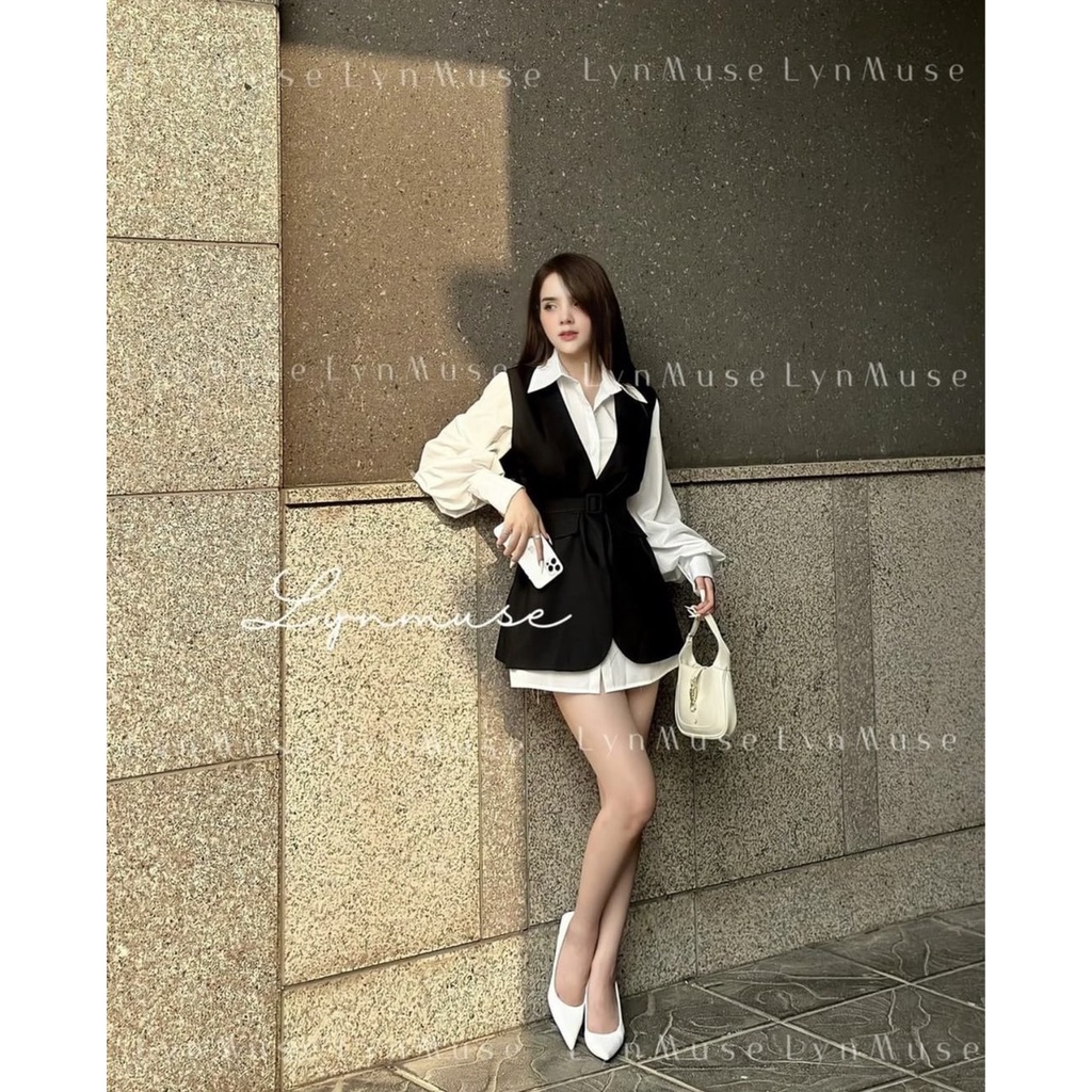 SET ĐẦM SƠ MI TRẮNG + ĐẦM GILE ĐEN SÁT NÁCH BELT