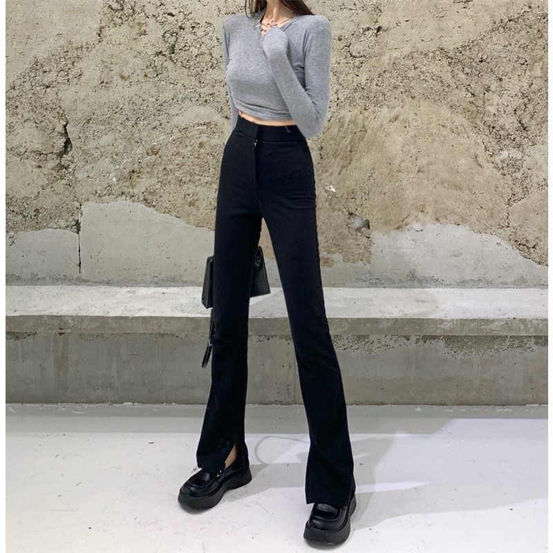 Quần dài sát đất ống thẳng xẻ tà lưng cao dáng rộng thời trang thu đông dành cho bạn nữ