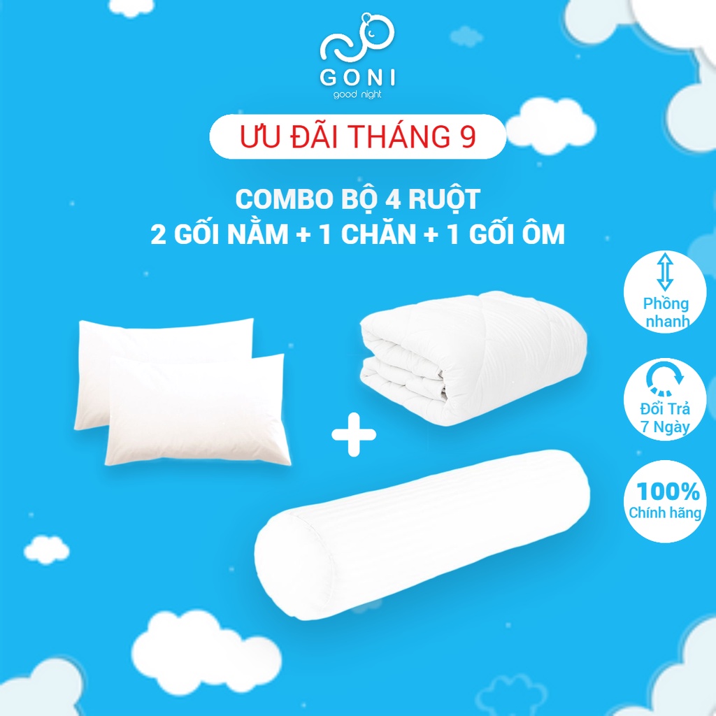 Bộ 4 ruột hơi bông gòn êm ái GONI Trắng tinh khiết bao gồm 2 ruột gối , 1 ruột chăn hè và 1 ruột gối ôm