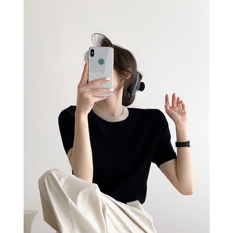 Porozi  Áo thun dệt kim  tay ngắn cổ tròn màu sắc tương phản phong cách Hàn Quốc cho nữ 3 màu tùy chọn