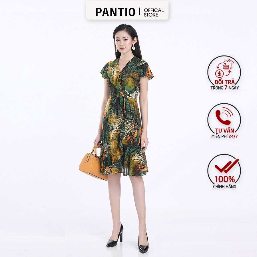 Đầm công sở ngắn tay kèm hoạ tiết hoa lá FDP32593 - PANTIO