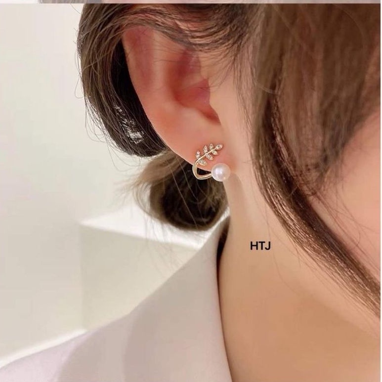 Bông tai bạc hình lá kẹp Ngọc trai nhân tạo bạc ta_ Van jw
