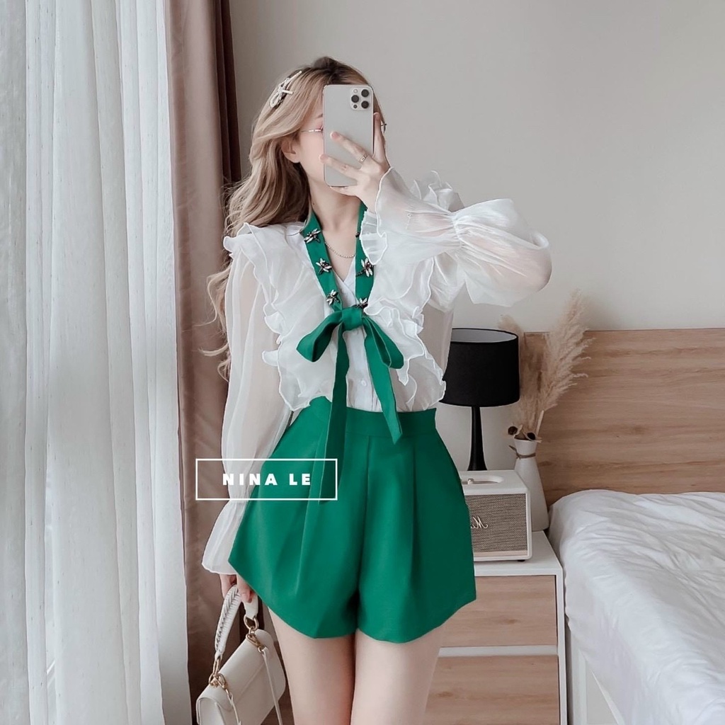 Set Đồ Nữ Xinh ⚡𝙎𝙄𝙀̂𝙐 𝙎𝘼𝙇𝙀⚡ Set Bộ Áo Bèo vay Tay Dài Dây Nơ in Họa Tiết Kèm Quần - 95261
