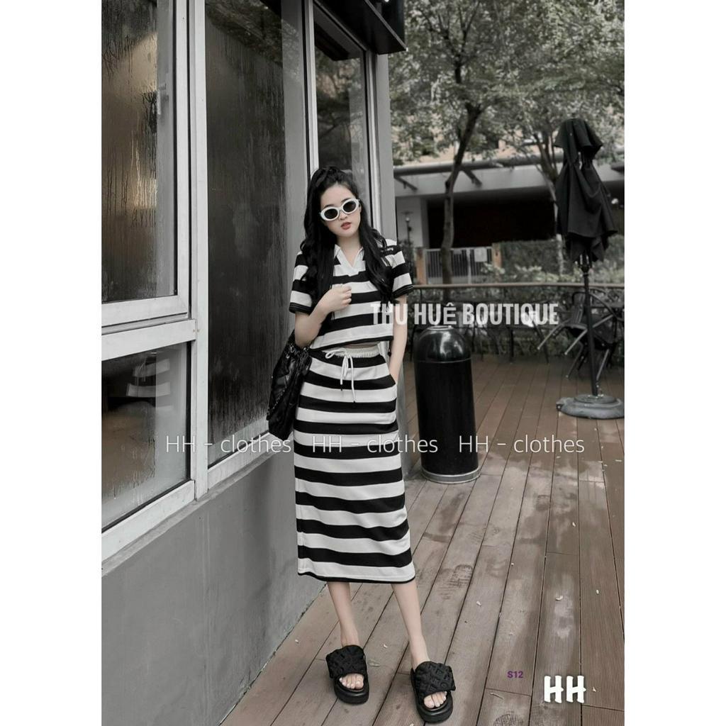 Set áo croptop cổ bẻ kẻ sọc chân váy xẻ tà dáng suông, Sét nữ kẻ chân váy bút chì cực xinh chất kẻ zip ❤️❤️❤️Gb98