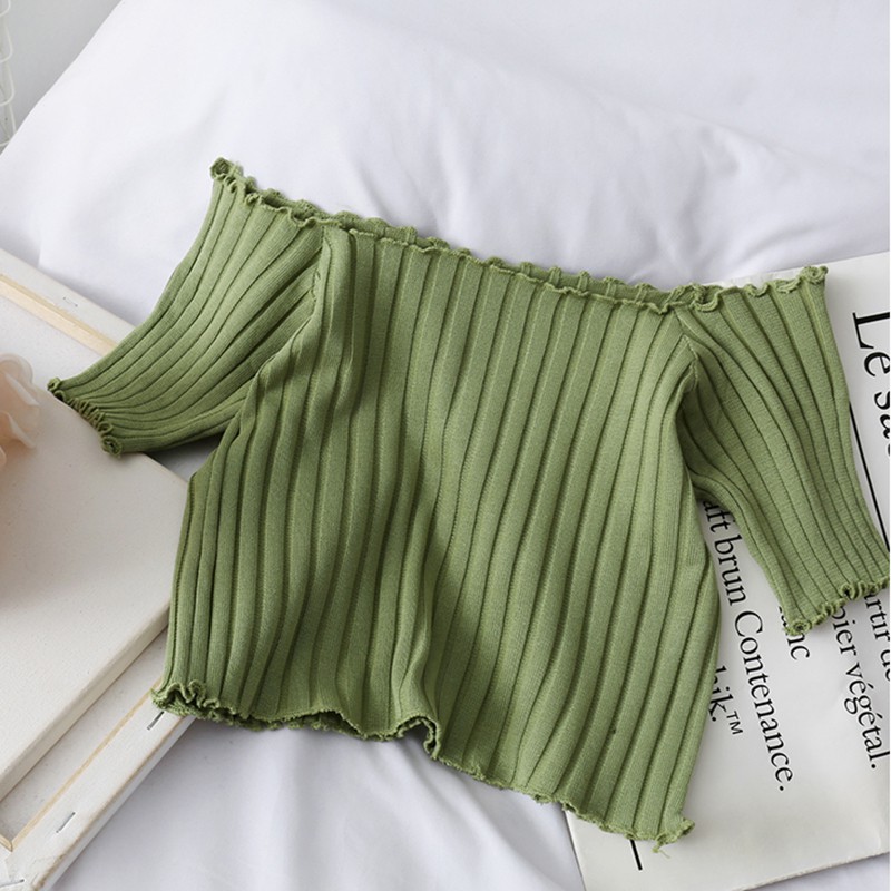 Áo croptop dệt kim trễ vai màu trơn thời trang cho nữ