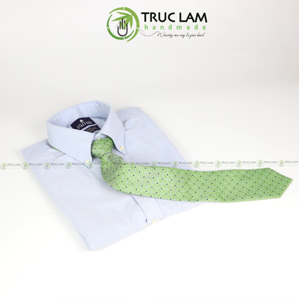 Cà Vạt Lụa 8cm Cho Nam Cao Cấp Họa Tiết Sang Trọng Xanh Chấm Vuông MS15 - Trúc Lâm Handmade
