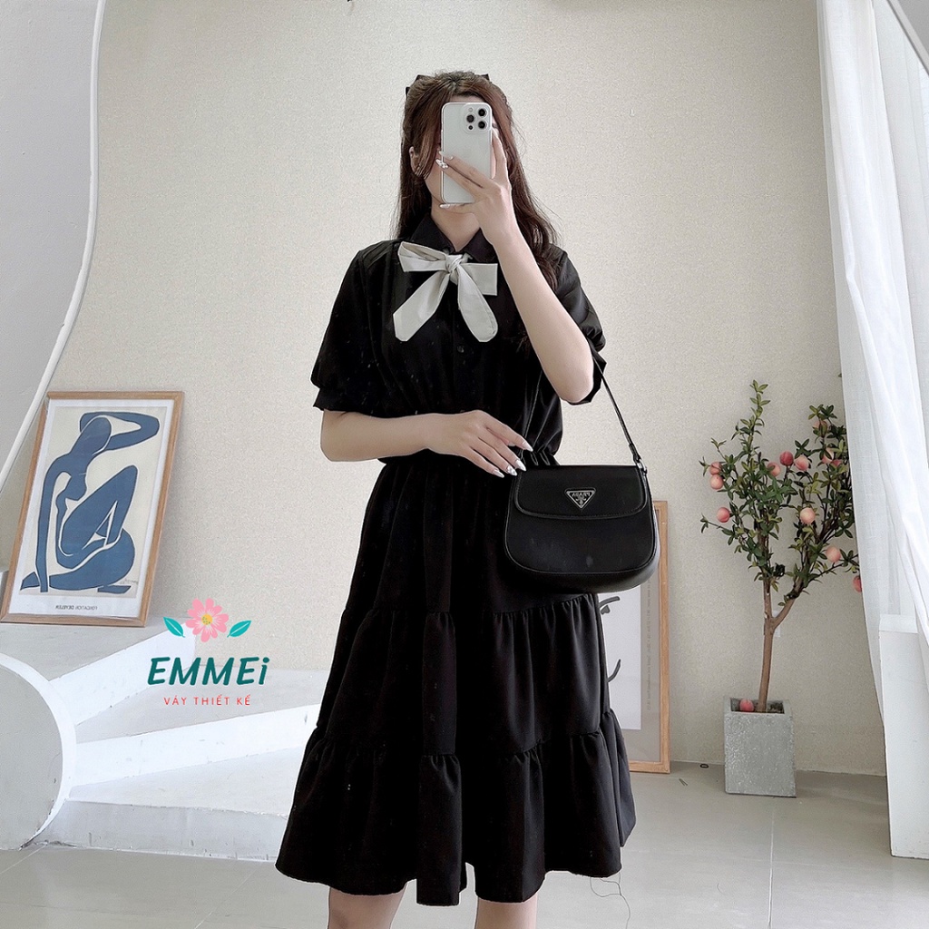 Váy đầm babydoll cổ nơ đen trắng, đầm dáng xoè tay phồng siêu xinh emmei v18