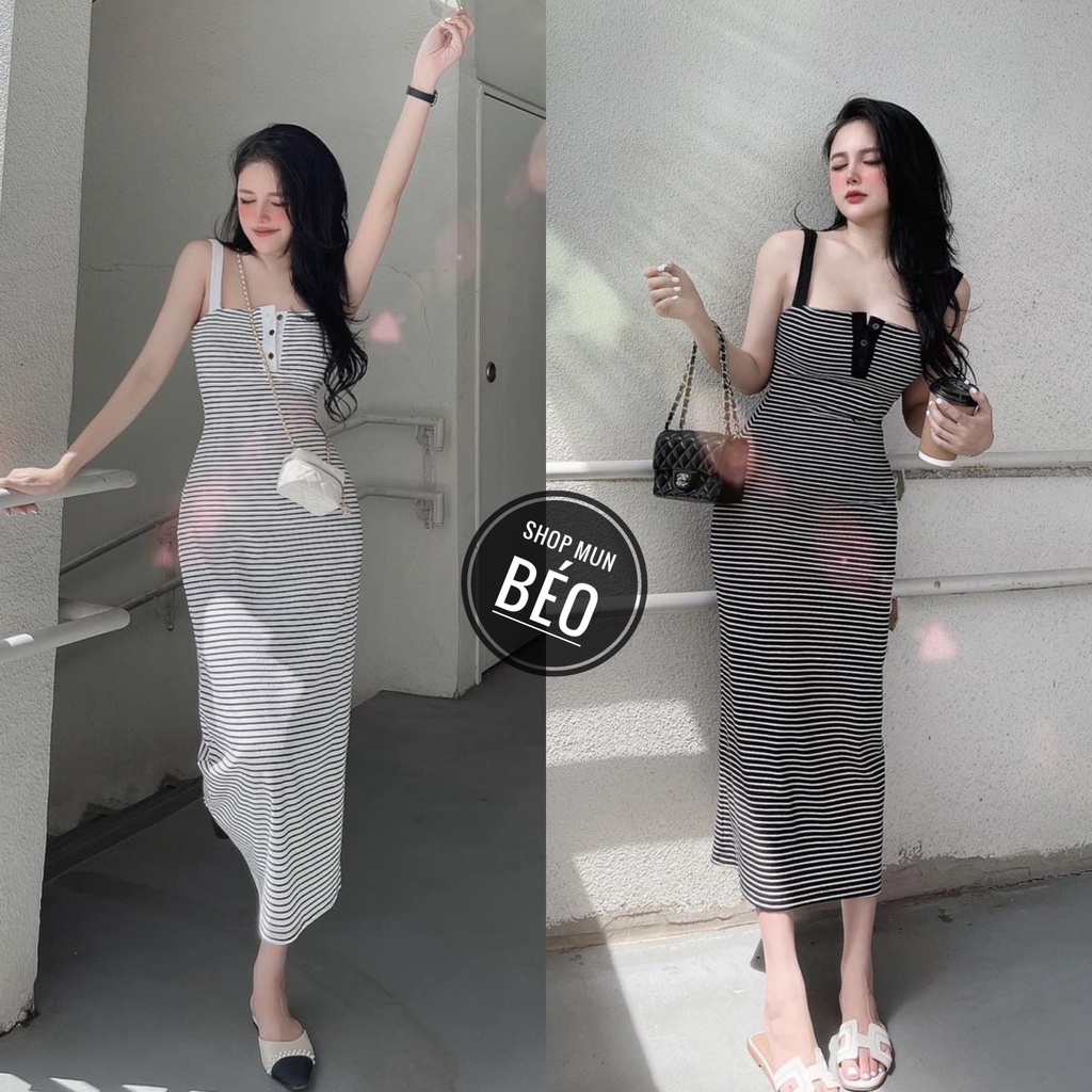Đầm 2 Dây Cổ Vuông Nút Cài Ngực Phom Dài Chất Thun Gân Sọc Co Giãn Thích Hợp Mặc Đi Tiệc Đi Làm Đi Chơi