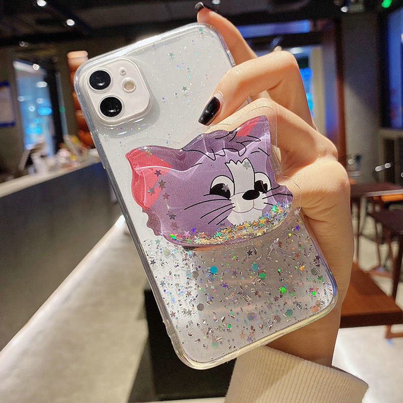 Ốp lưng iPhone 12 mini 11 Pro X XS XR Max 6 6S 7 8 Plus SE 2020 3D Sequin Glitter Cat And Mouse Flowing Silver Foil Holder Soft Case