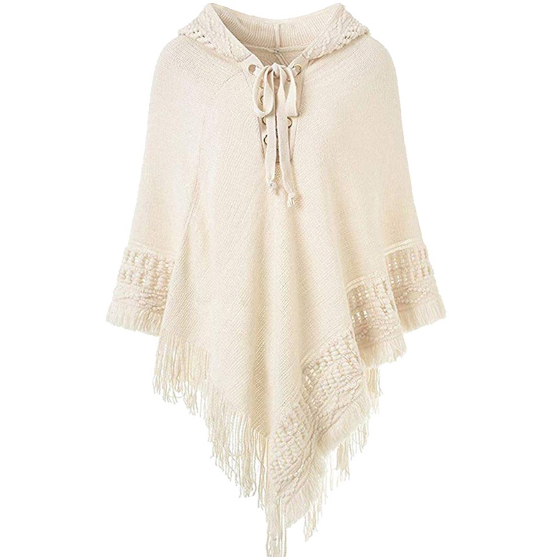 Áo Choàng Poncho Đan Len Phối Tua Rua Thời Trang Mùa Đông Cho Nữ