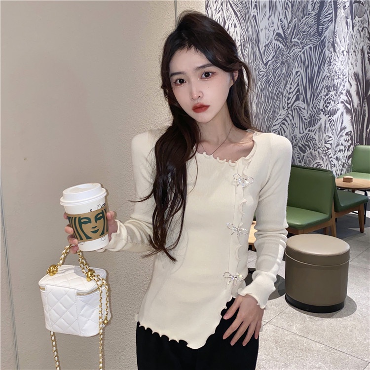 Áo dệt kim QKOOLE tay dài dáng ôm cổ chữ V đơn giản phong cách Hàn Quốc dành cho nữ