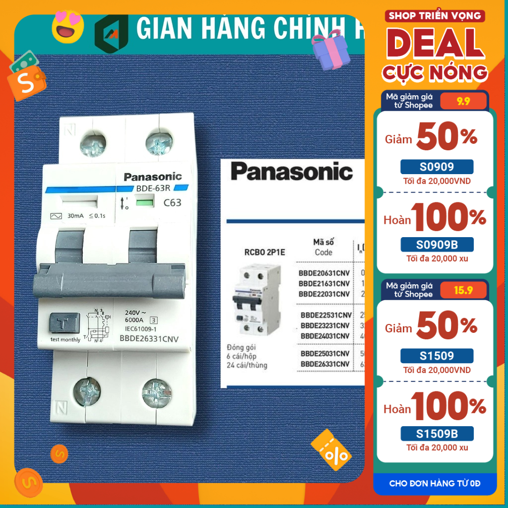 RCBO 50A 63A - Át Chống Giật, Chống Quá Tải, Chống Ngắn Mạch Panasonic Chính Hãng