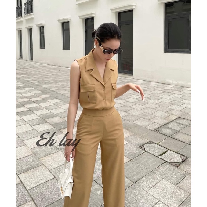 Set vest sát nách quần ống suông túi hộp thiết kế cao cấp vải đũi lạnh