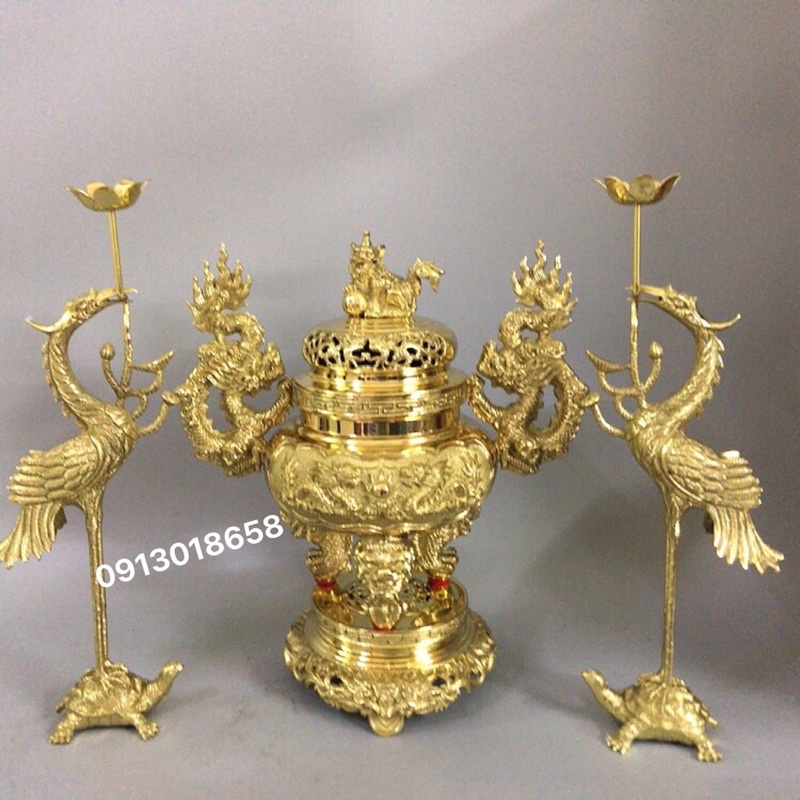 Bộ đỉnh lư thờ bằng đồng vàng cao cấp cao 34cm F34 tam sự ngũ sự đỉnh hạc nến bằng đồng nguyên chất.