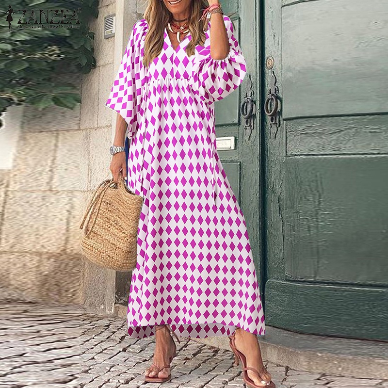 Đầm ZANZEA cổ tròn tay 3/4 họa tiết hình thoi phong cách Châu Âu cho nữ
