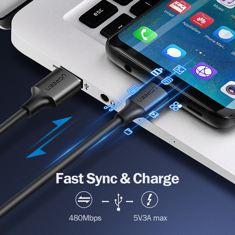 Cáp sạc nhanh USB-C UGREEN 3A 18w Type-C thích hợp cho Redmi/ Xiaomi 13 12 Pro/ Samsung galaxy s22/ one plus