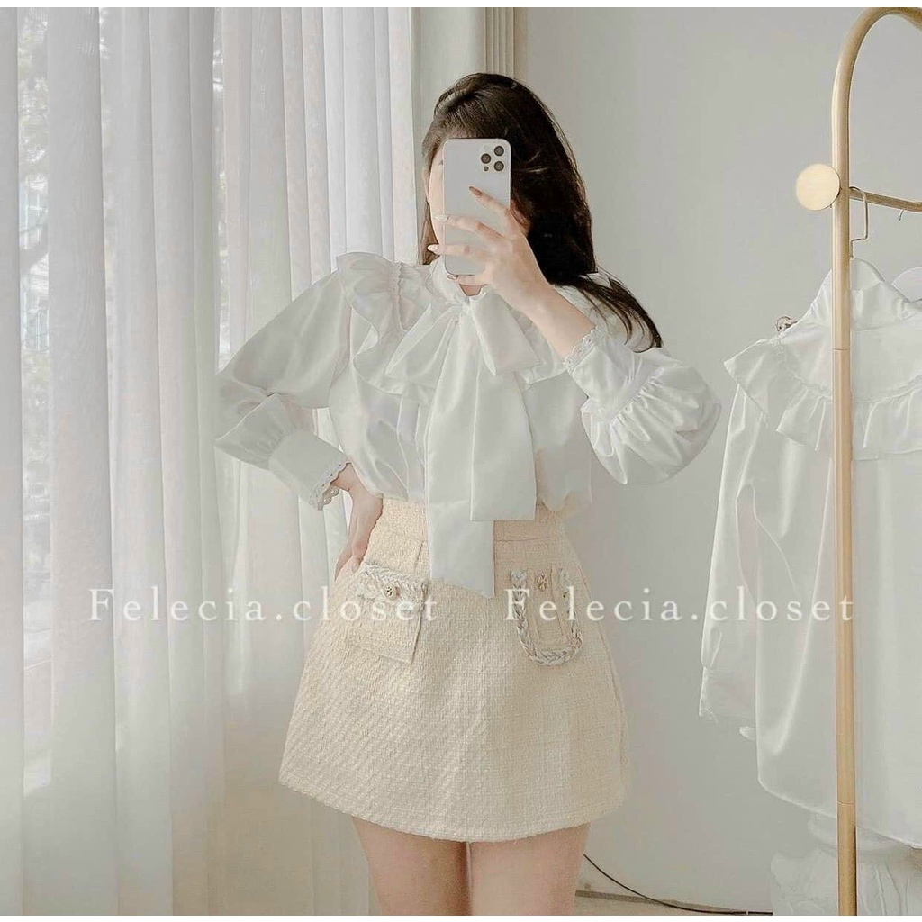 Áo sơ mi mi bèo nữ nơ cổ dài tay áo sơ mi trắng công sở nữ