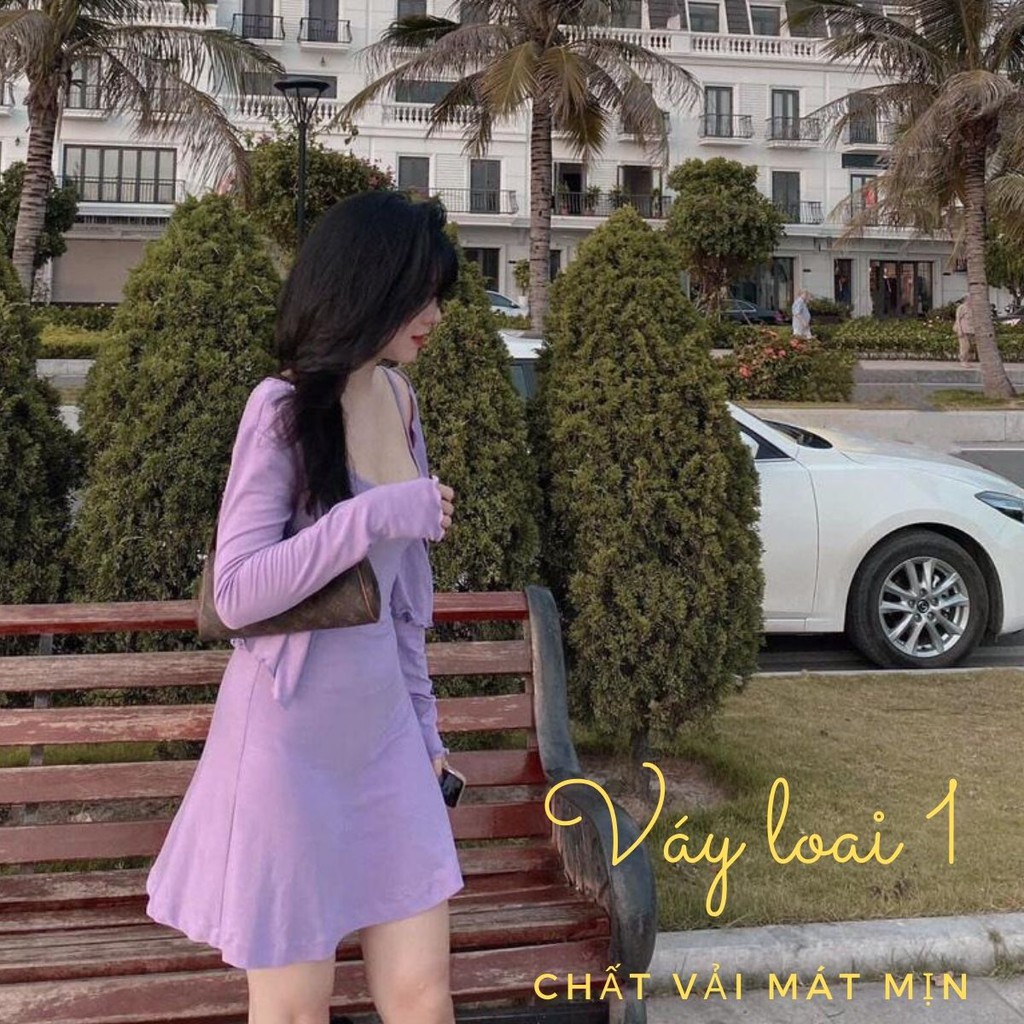 Váy hai dây + áo choàng tím - Loại 1 Chất mát mịn | BigBuy360 - bigbuy360.vn