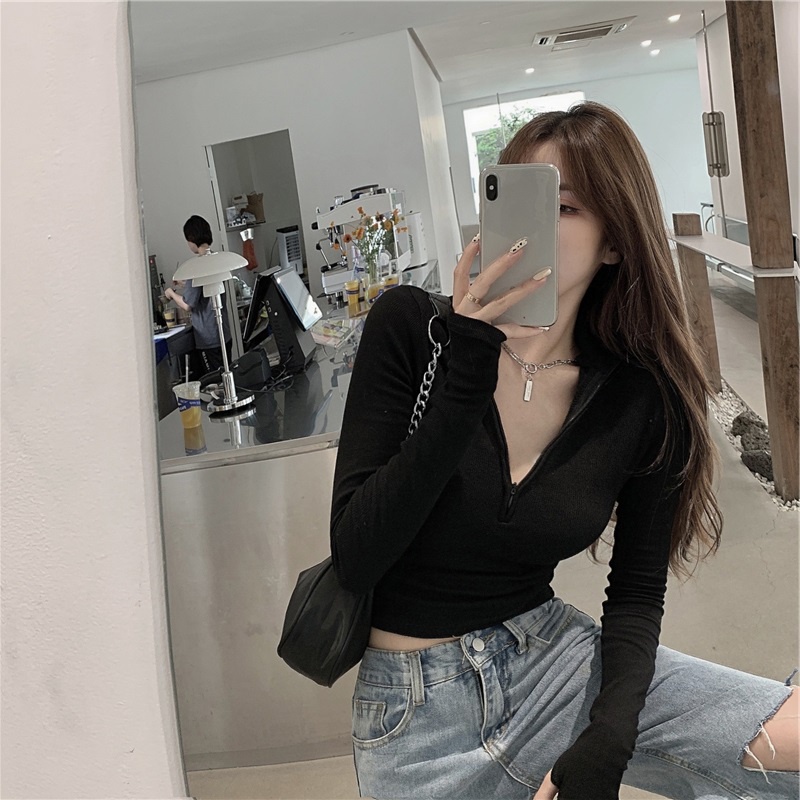 SUXI Áo Croptop Tay Dài Khoá Kéo Thiết Kế Mới Dành Cho Phái Nữ