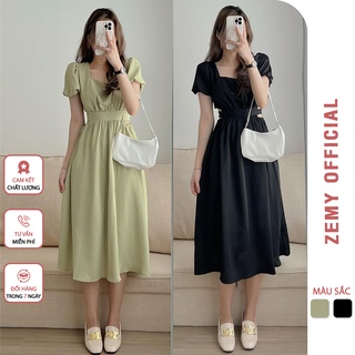 Đầm maxi cổ vuông tay phồng bồng váy khoét eo nữ dáng dài đi biển