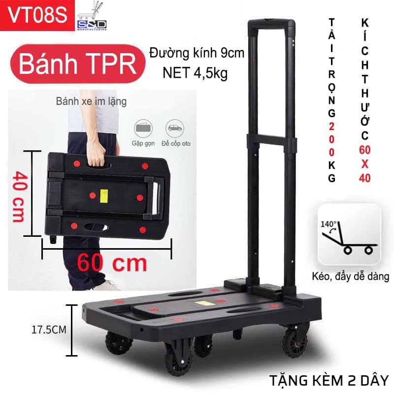 Xe đẩy hàng-kéo hàng đa năng 5 bánh S&D VT08S -Tải max 200kg, có bánh có khóa, TẶNG 2 dây chun có móc