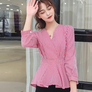 Áo tay dài cổ V kẻ sọc caro cho nữ