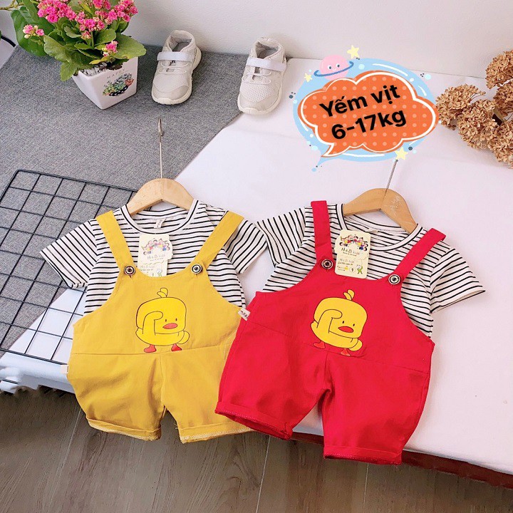 Set yếm kaki hình vịt kèm áo phông cho bé