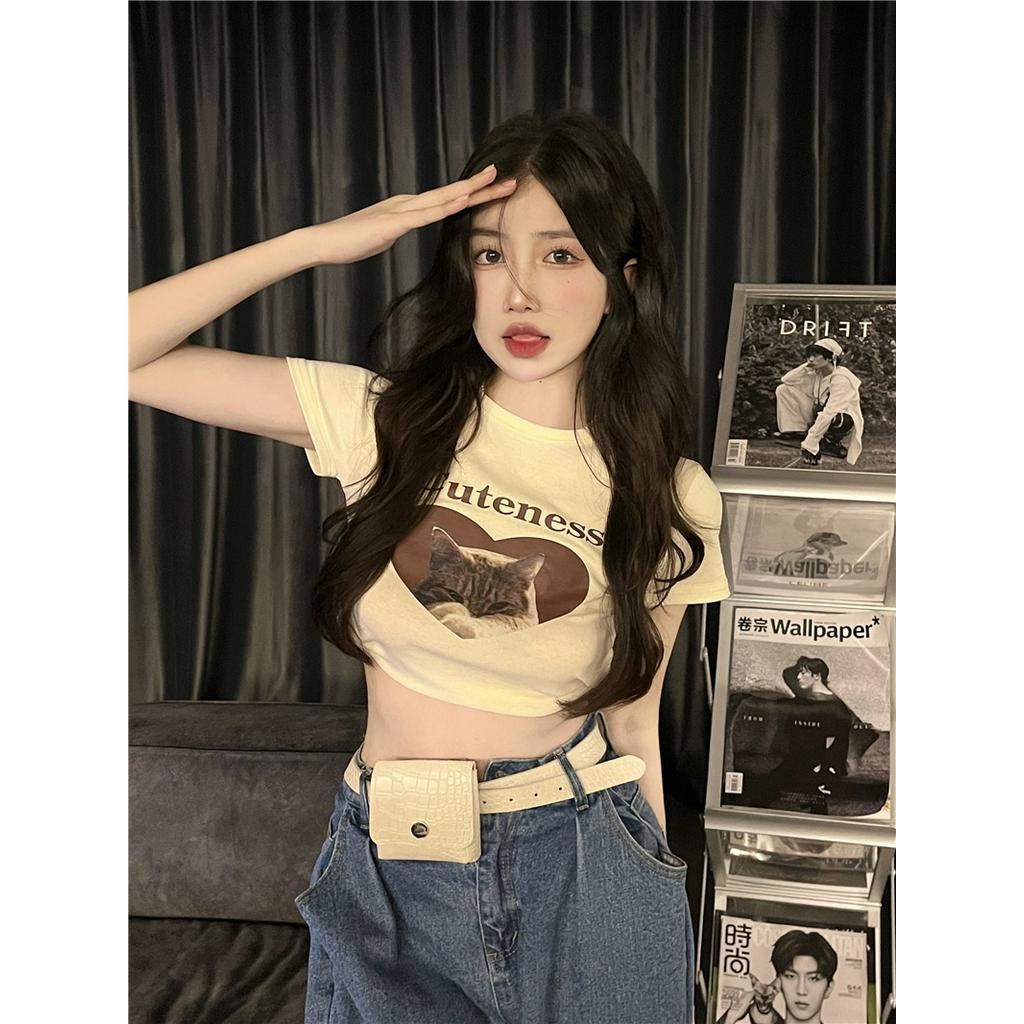 Áo Thun Ngắn Tay Dáng Ôm In Hình Mèo Dễ Thương 51128