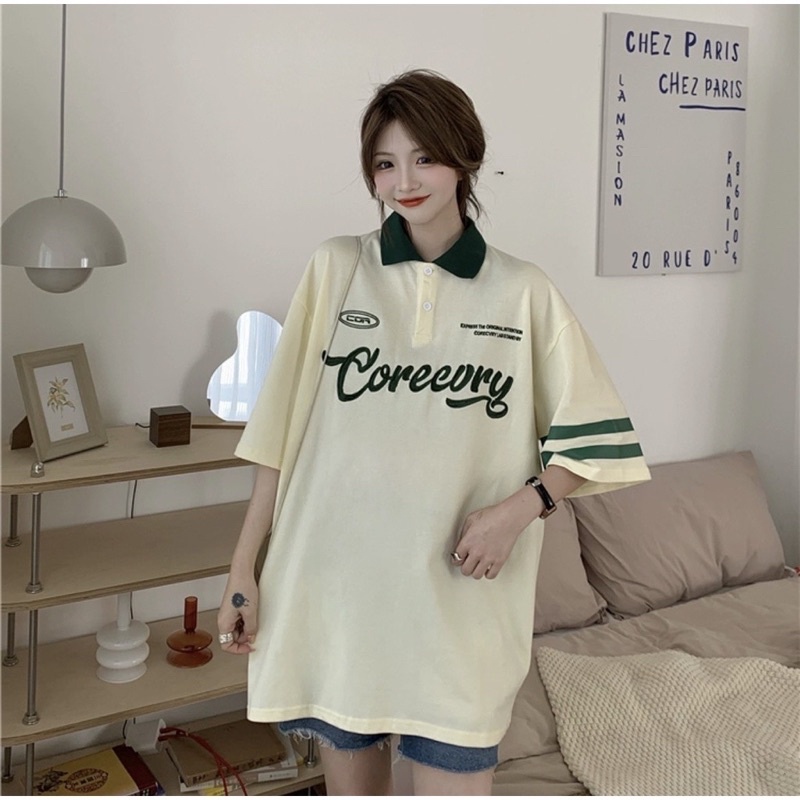 Áo thun Polo COREEVRY tan / đen viền tay áo cá sấu nam nữ unisex áo thun có cổ form rộng