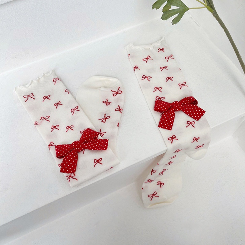 Youyo Vớ Ống Lửng Vừa Bằng Cotton Co Giãn Phối Bèo Nhún Họa Tiết Chấm Bi Phong Cách Lolita Nhật Bản Dễ Thương Cho Nữ