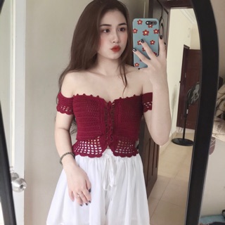 ÁO CROPTOP TRỄ VAI MÓC HANDMADE SIÊU XINH KÈM KẸP TÓC