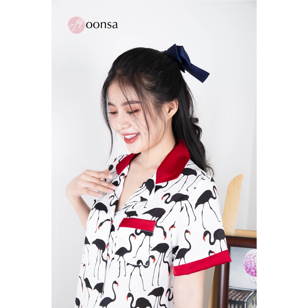 [Mã WARN60 hoàn 15% xu đơn 300k] Bộ pijama Lụa hàn siêu mềm Họa Tiết Hạc Đen [Moonsa] | BigBuy360 - bigbuy360.vn