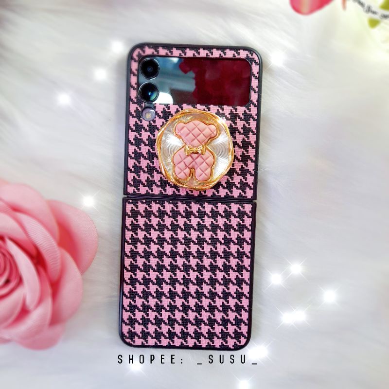 Ốp Samsung Z Flip 3 - ZFlip 3 - ZFlip3 - Flip3 5G caro hồng kèm popsocket gấu viền gold dễ thương