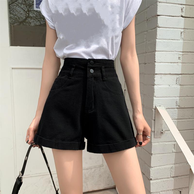 Quần ngắn chữ A IELGY denim lưng cao dáng rộng màu trắng đen thời trang cho nữ