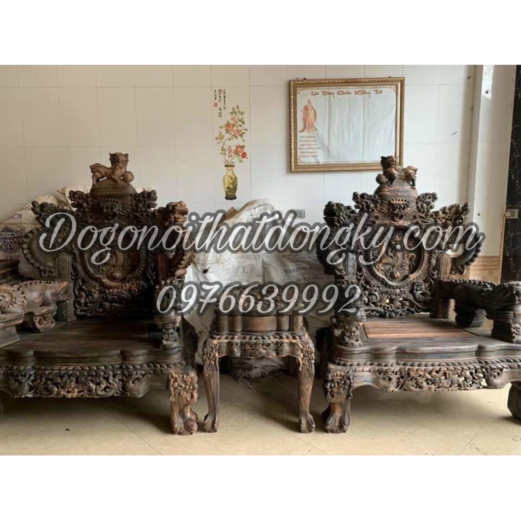 Bộ bàn ghế phòng khách rồng đỉnh gỗ mun