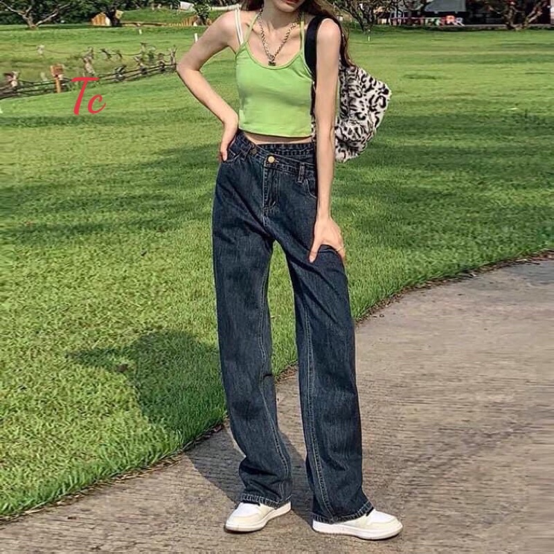 Quần Jeans Bò Ống Rộng Nữ Cạp Chéo Chất Bò Mềm