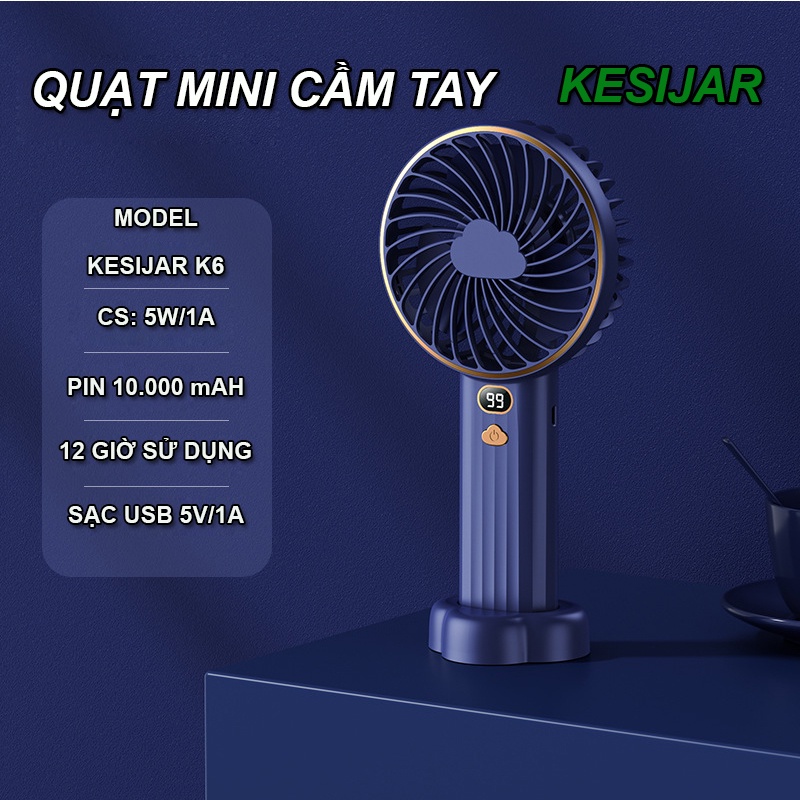 Quạt cầm tay mini kẹp bàn KESIJAR K5 sạc pin tích điện 10.00mAh, sử dụng liên tục 12 giờ, cổng sạc USB 5V/1A, 5 mức gió