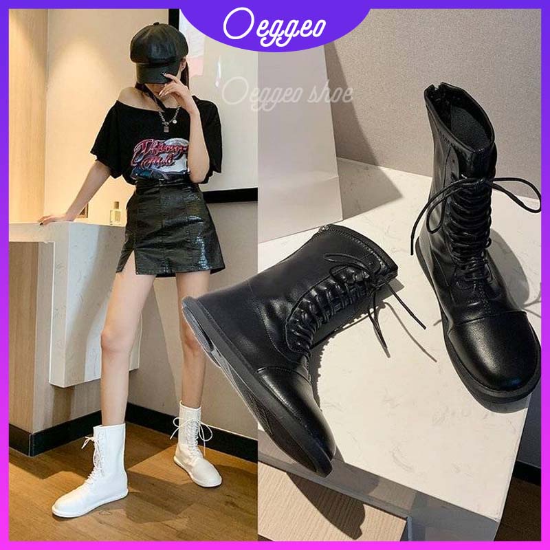 Oeteo Giày Bốt Da Mềm Đế Bằng Buộc Dây Phối Khóa Kéo Cá Tính Cho Bạn Gái