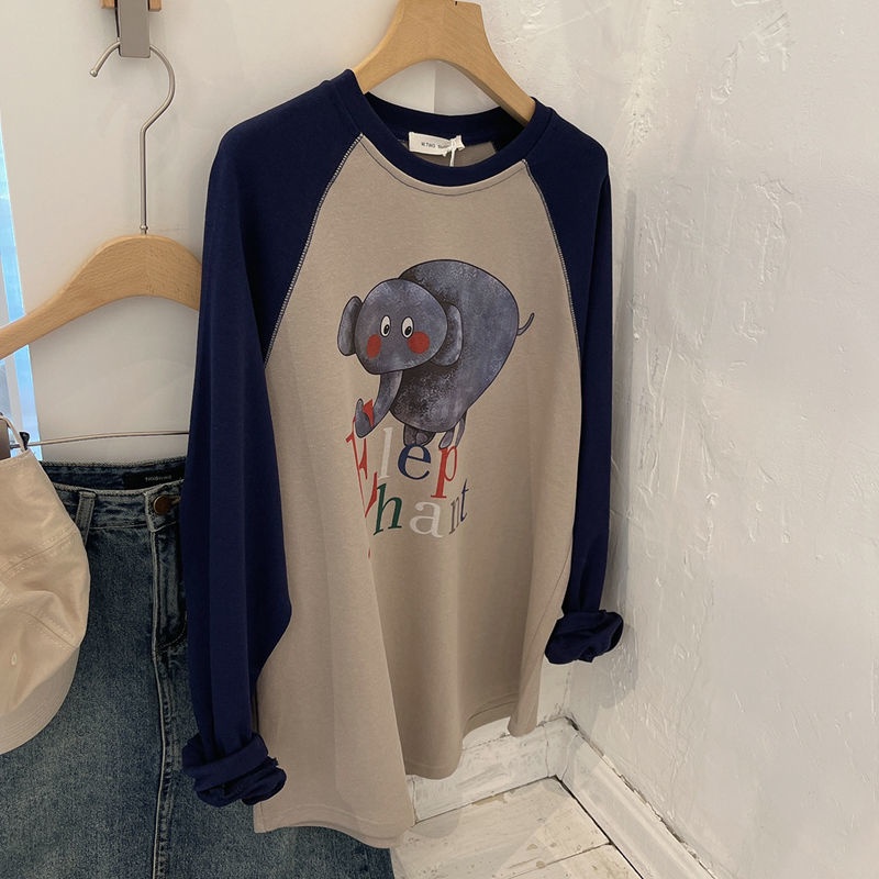 Jiashucheng Áo Thun Raglan Tay Dài Ghép Mảnh Dáng Rộng In Hình Voi Kích Thước Lớn mm Tuổi Thọ Cao Vừa Vặn Cho Nữ