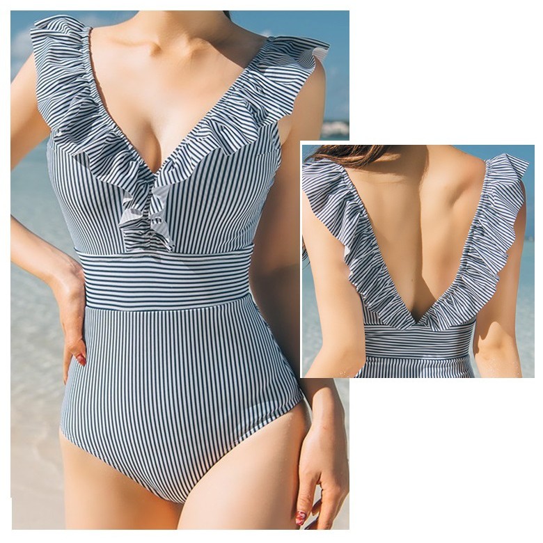 (Có big size 2xl, hình thật, video) Bikini một mảnh, monokini liền thân sọc xanh cổ bèo xinh xắn hàng cao cấp loại 1