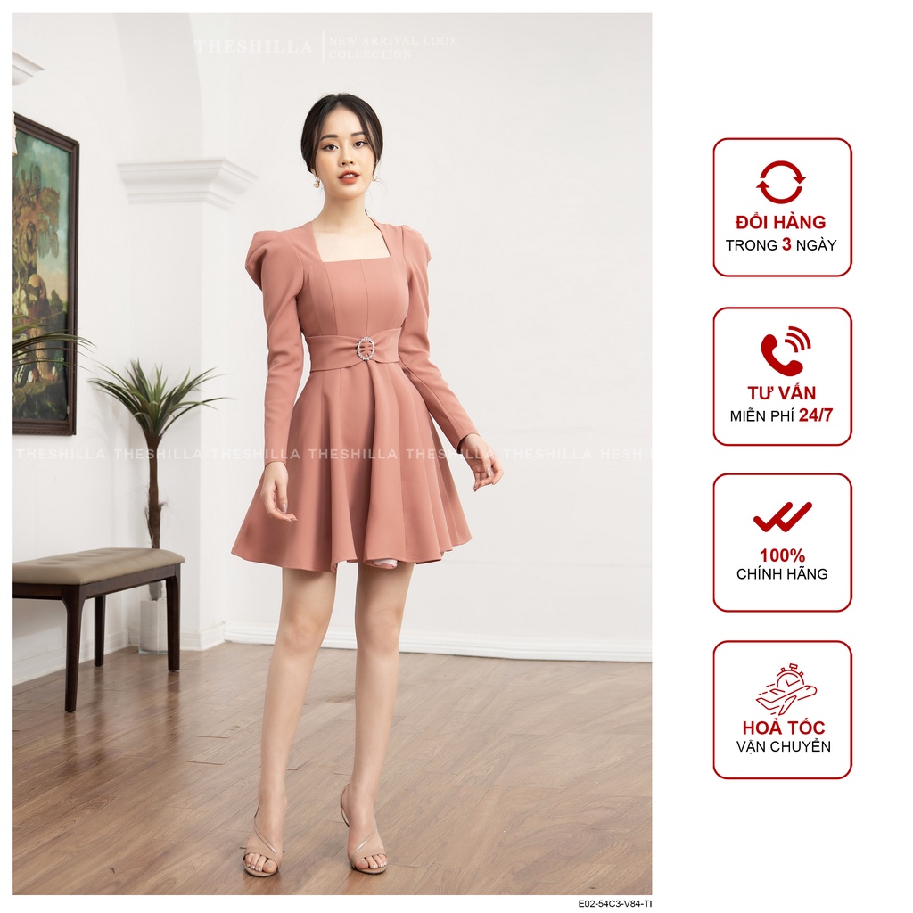Váy thiết kế cao cấp màu hồng tay dài kèm thắt lưng cài liền [ Có video + Ảnh thật ] The Shilla - E02-54C3