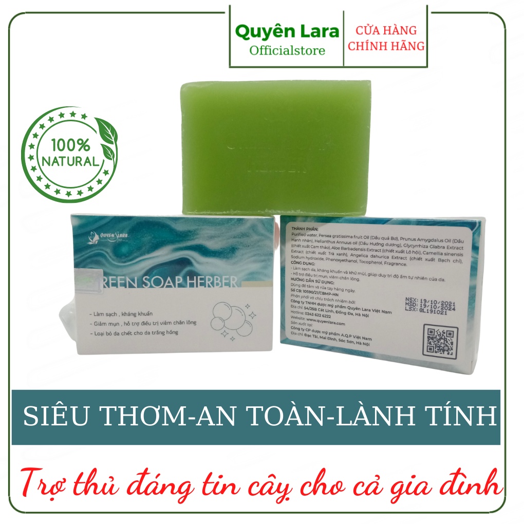 Xà Bông Tắm Thảo Dược Green Soap Herber Quyên Lara Tinh Chất Thiên Nhiên, Sáng Da,Sạch Mụn Trắng Hồng 100g