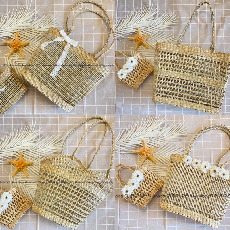 Túi Cói thắt nơ Vintage, Làn cói đi biển, du lịch, đựng đồ kiểu đan mây kèm Nơ Ren xinh xắn Mây tre đan Thành Hương