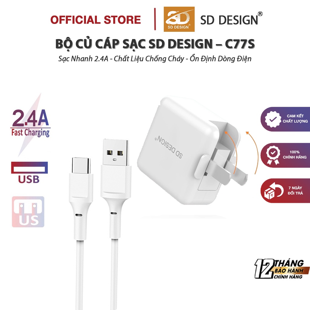 Bộ Củ Sạc C77s chính hãng SD DESIGN hỗ trợ sạc nhanh sử dụng cho các thiết bị di động gập 90 độ dây dài 1m