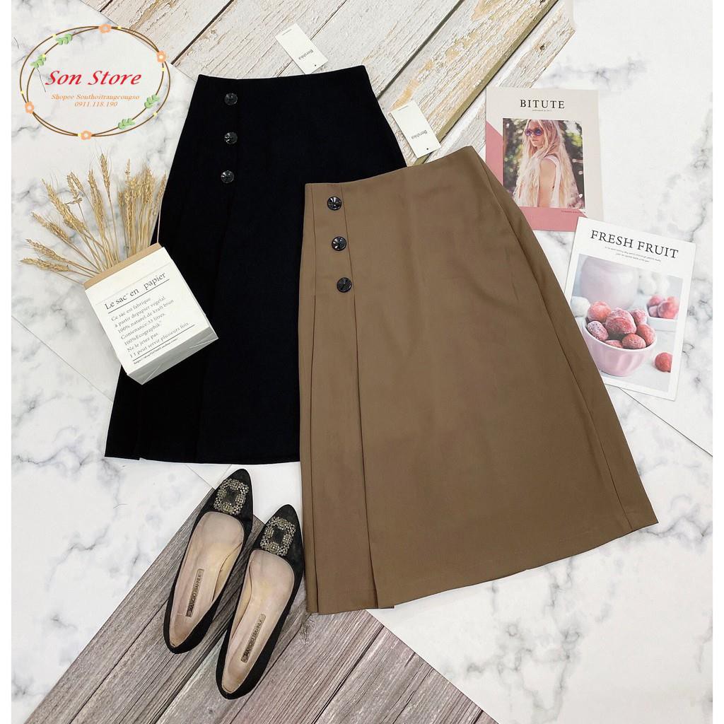 Chân váy midi công sở phối cúc xếp ly dài qua gối