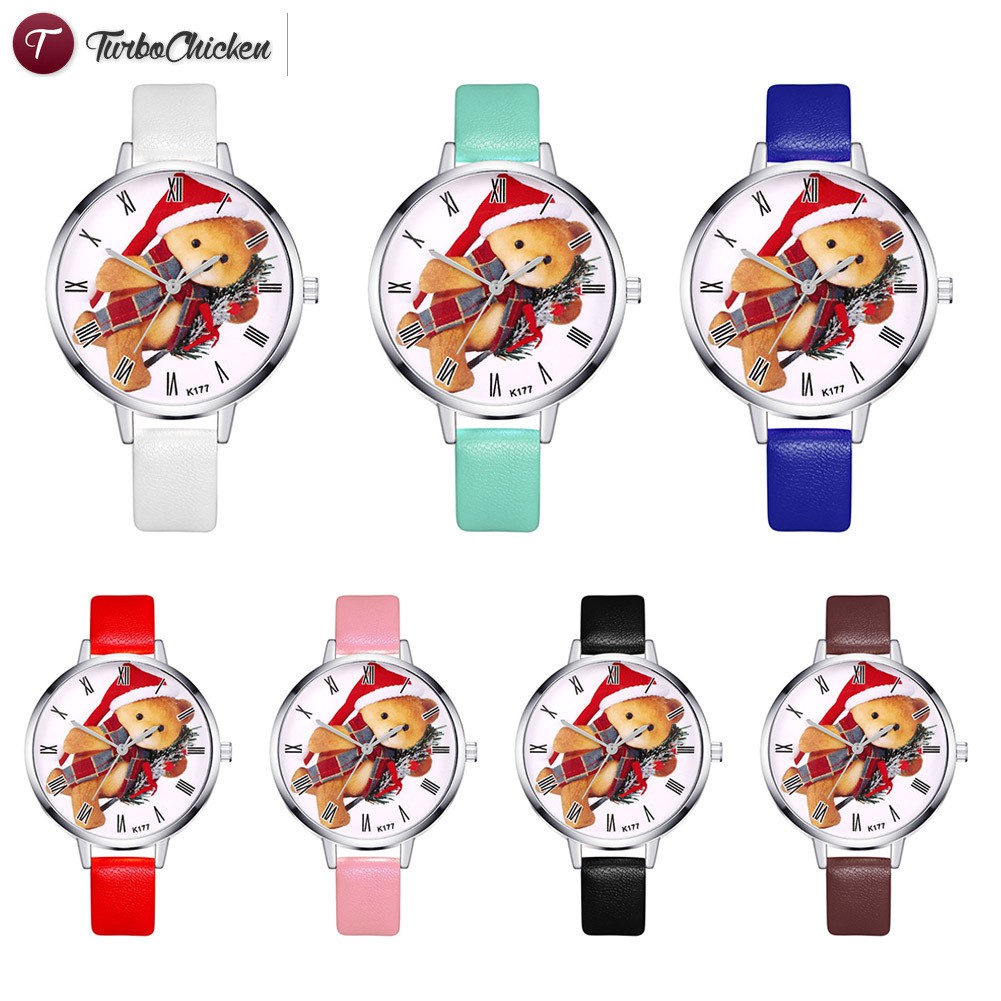 #Đồng hồ đeo tay# Women Watches Round Dial Faux Leather Strap Watch Cartoon Christmas Bear Quartz Watches