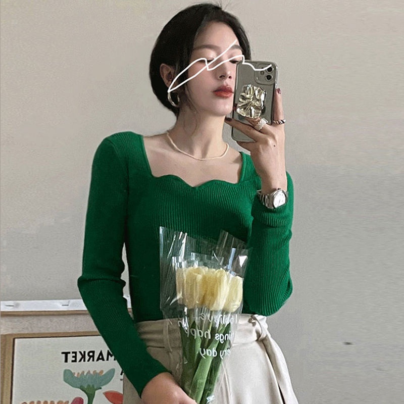 Áo Sweater Tay Dài Cổ Vuông Dáng Ôm Thời Trang Cho Nữ