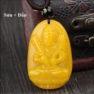[Đá tự nhiên]  Mặt Dây Chuyền Phật Bản Mệnh Hư Không Tạng Bồ Tát Hộ Mệnh Tuổi Sửu, Dần Màu Vàng-Vòng phong thủy Kin