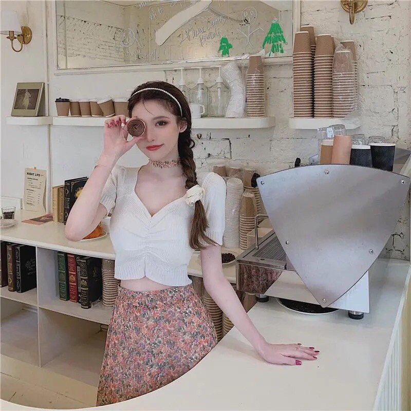 Cổ chữ V ngắn tay màu đặc biệt mùa hè thời trang mới áo sơ mi đan đáy + váy voan hoa cạp cao giữa phụ nữ